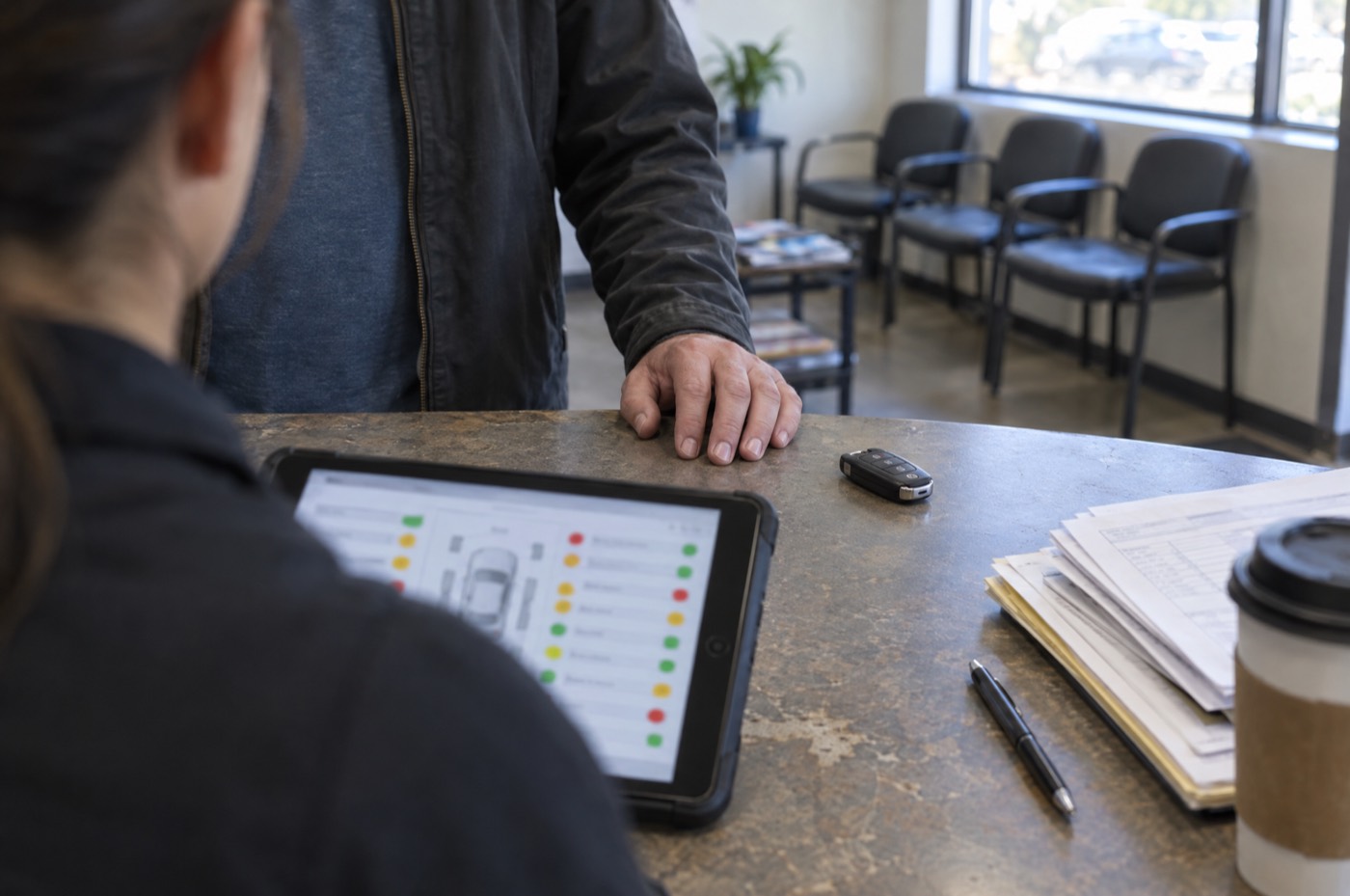 Over an advisor's shoulder at a repair shop counter: a tablet shows an inspection with red, yellow and green rows while a customer's hand rests beside a key fob