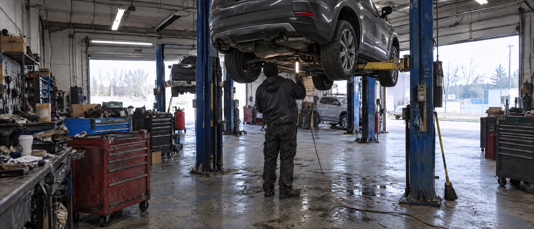 A technician in a work hoodie stands under an SUV raised on a two-post lift in an independent repair shop, with worn toolboxes, a wet stained floor and open bay doors