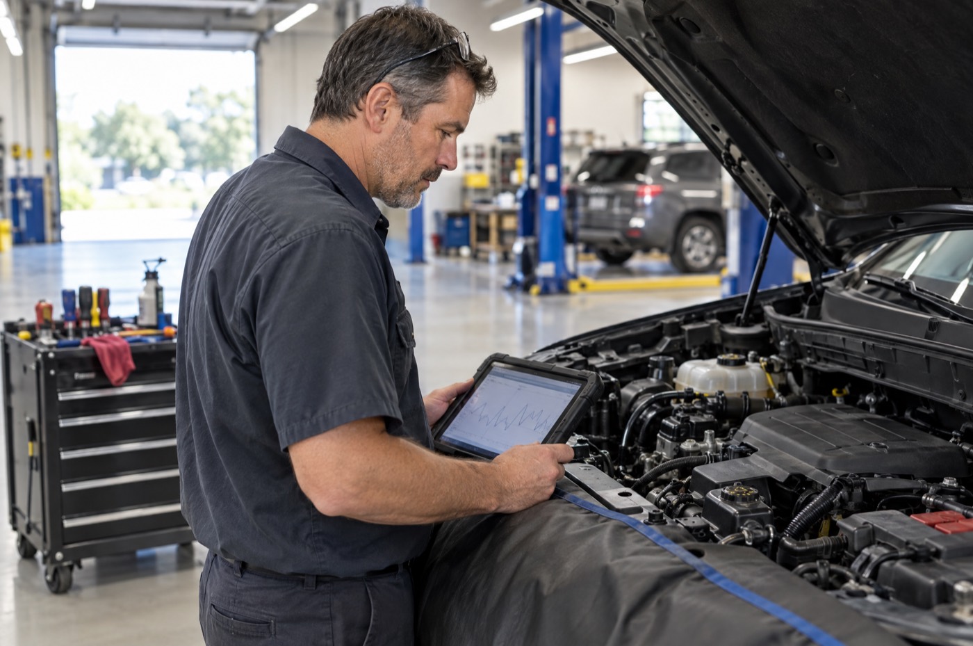 An experienced automotive technician reads a diagnostic waveform on a tablet over the open hood of an SUV in a clean, bright repair shop